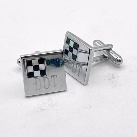 Silver Cufflinks With Mother of Pearl and Onyx Checkered Flag DDT Engraving - Picture 4 of 11